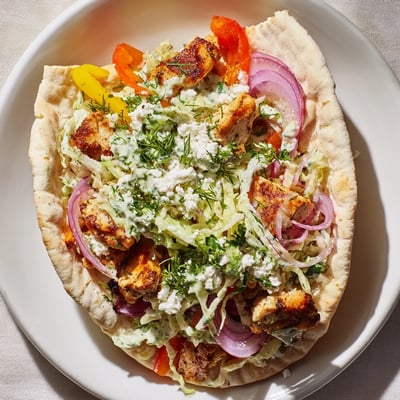 Sheet Pan Chicken Pitas with a vibrant crisp slaw, served alongside a squeeze of lemon and crumbled feta cheese for extra flavor.