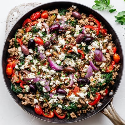 Sizzling Mediterranean Keto Skillet with Ground Chicken, Olives & Feta topped with crumbled feta and black olives beside fresh parsley.
