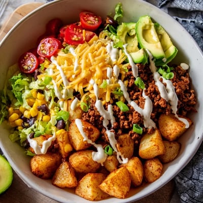 A hearty Loaded Potato Taco Bowl with black beans, corn, avocado, and melted cheddar cheese on a bed of russet potatoes.