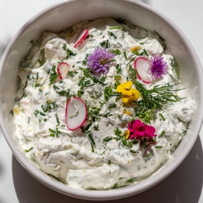 Close-up of Simple Easter Herb Cheese Dip with creamy texture, served alongside colorful vegetable sticks and crackers.  