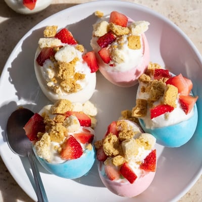 A batch of pastel-colored Strawberry Shortcake Easter Egg Bombs on a serving platter, ready to be enjoyed at an Easter brunch.