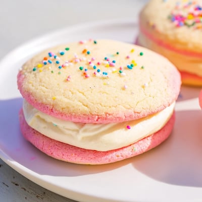 Close-up of Pastel Sugar Cookie Sandwiches with delicate crumbs and sweet buttercream peeking out, perfect for spring celebrations.