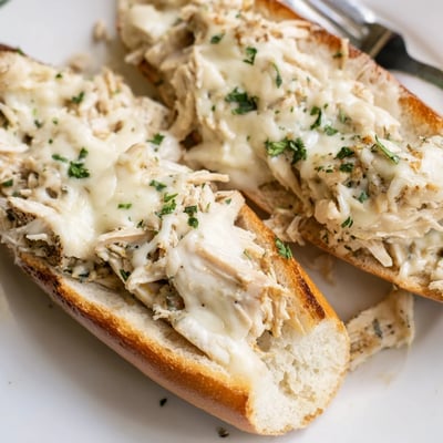 A close-up of Viral Chicken Alfredo Garlic Bread showing creamy Alfredo sauce and toasted crust.
