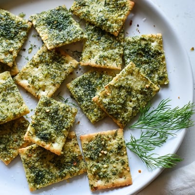 Warm Dill Pickle Saltines arranged on a rustic tray flecked with dill and garlic