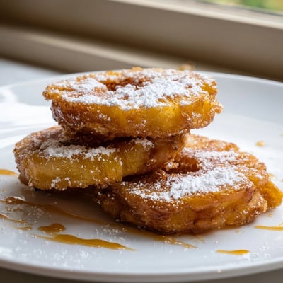 Crispy battered fried pineapple rings drizzled with caramel sauce beside vanilla ice cream