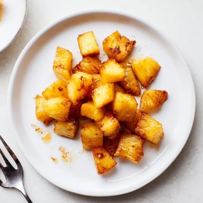 Air fryer pineapple chunks glistening with brown sugar on a rustic wooden board