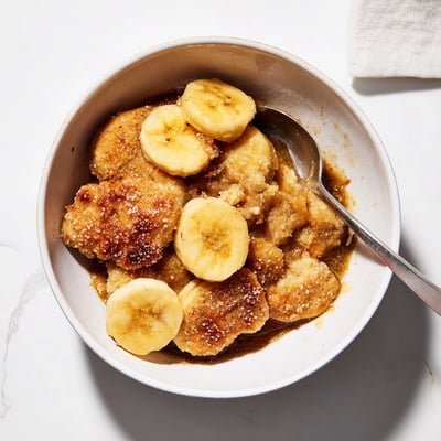 Warm Southern banana cobbler served in a dish with vanilla ice cream