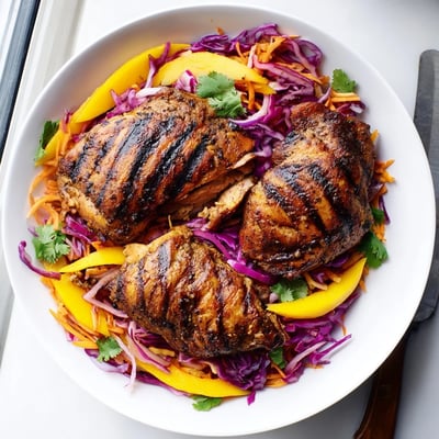 Grilled jerk chicken with caramelized edges served beside crisp tangy mango cabbage slaw.