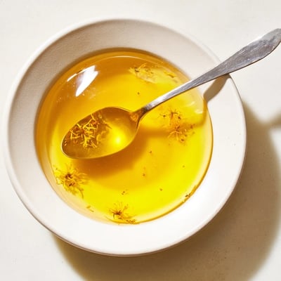 Homemade fresh dandelion jelly spooned over a warm scone with soft cheese