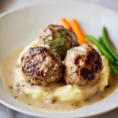 Homemade Ikea Meatballs golden-browned in skillet, steaming beside lingonberry jam