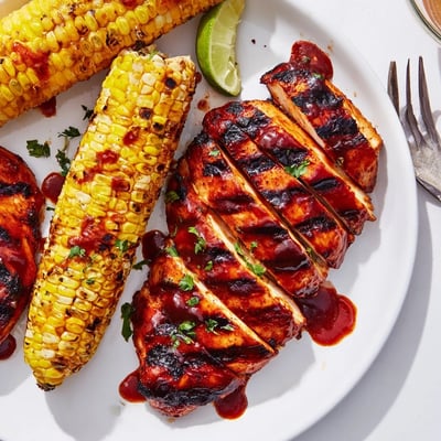 Sliced chicken glazed with barbecue sauce beside corn — BBQ Chicken With Corn  
