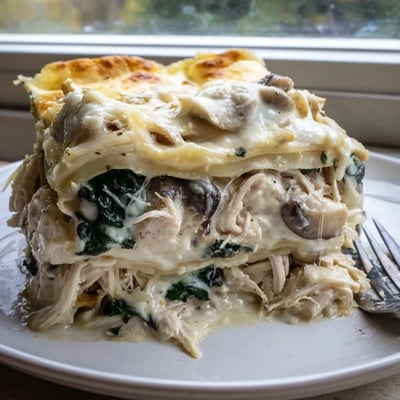 White chicken lasagna slice showing layered noodles spinach and melted mozzarella